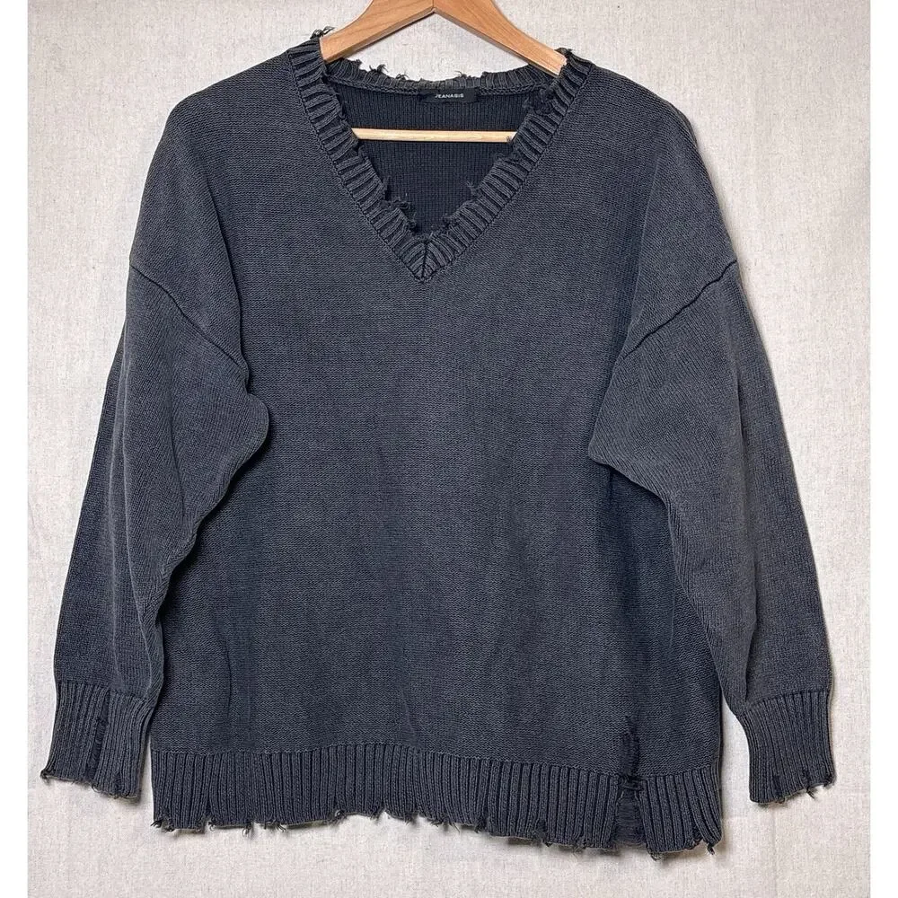 JEANASIS Sweater Raw Hem Distressed VNeck Black Women's Sz F One Size‎